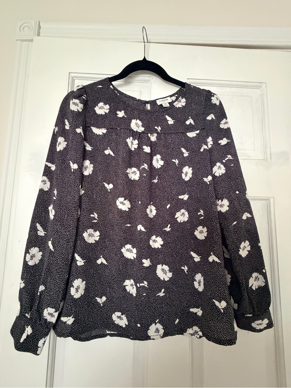 J. Crew Black Blouse with White Floral Print